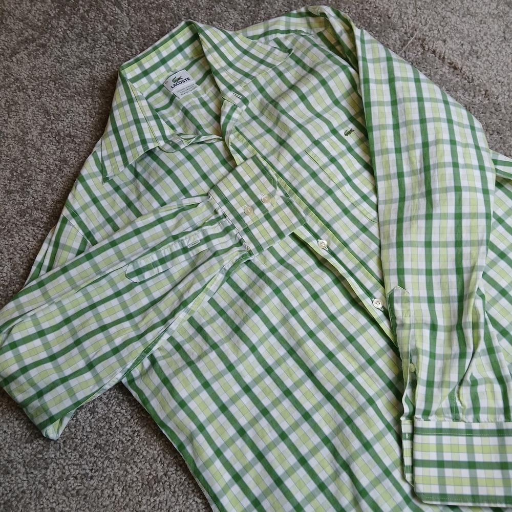 Lacoste Mens Green White Gingham Check Cotton Button Down Shirt Size 40 M